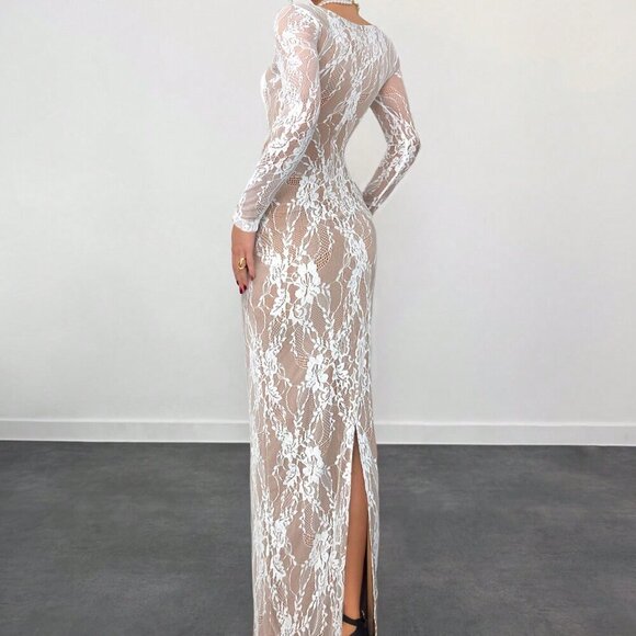 White Casual Women's Sexy S-Shape Lace Long Sleeve Cupped Bustier Tight Fitting - Picture 4 of 5